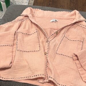 🟢10/$10 - Pink Button-Up Shirt with Black Stitching